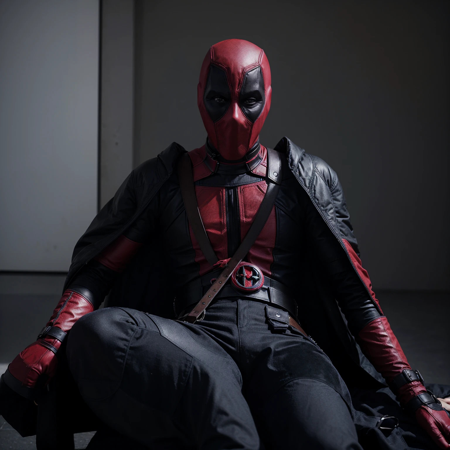 Hyperrealistic Haute Couture Deadpool as a Fashion Model wearing by Balenciaga. Photoshoot in the st, Dark vignette