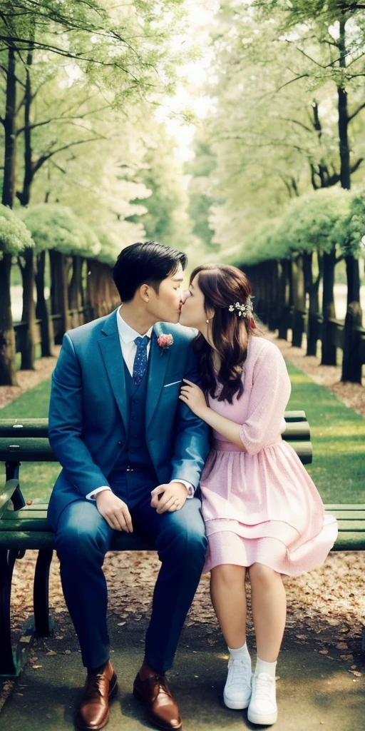 there is a man and woman that are sitting on a bench, a picture by Kun Can, tumblr, realism, couple pose, lovely couple, romantic couple, kissing together cutely, smooth in _ the background, lovely kiss, couple, 🚿🗝📝, man and woman in love, dreamy and romantic, in love, in pink forest, passionate pose