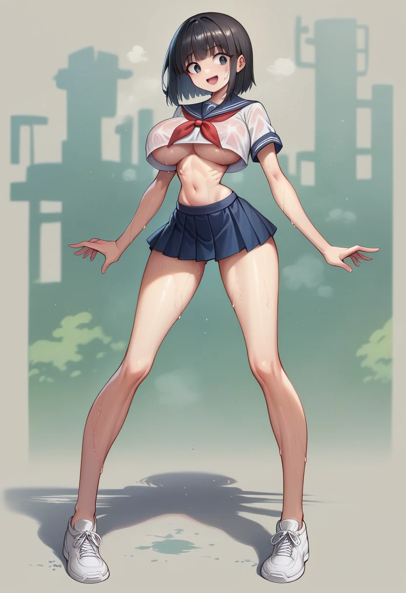 (masterpiece, best quality), front shot, 1girl, kawaii, (super big breasts:1.4), (micro waist, very long legs:1.5), Very elongated thin body, short height, scrawny, tiny cute thin face, detailed face, cute smile, mini skirt, Tight serafuku, shows under boob, white sneakers, pigeon-toed, wet sweaty, big visible ribs, ((Black medium hair))