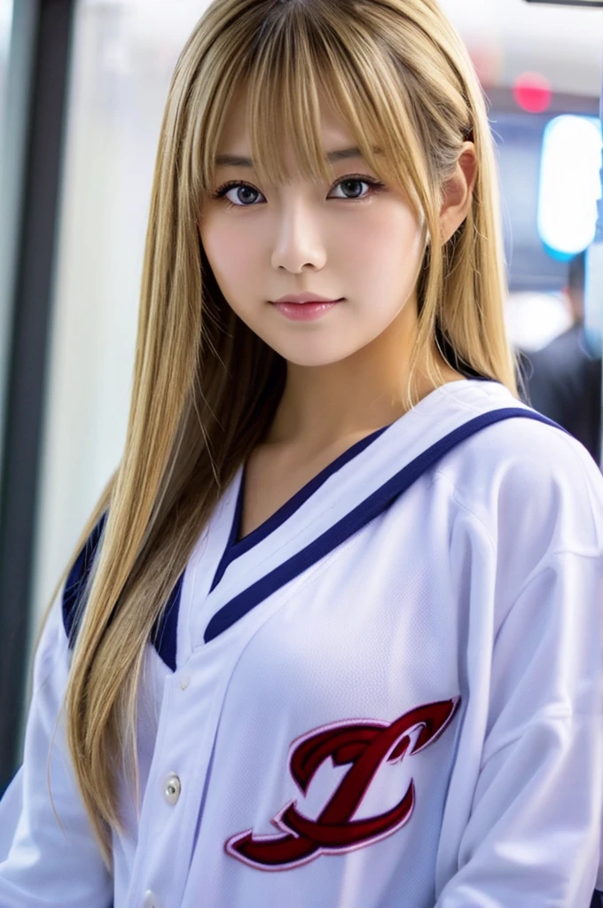 busty japanese lady、whole body、front、The most beautiful woman in Japan、He is wearing a white long-sleeved jersey、Bright eyes with sharp details(Looking into the camera)Blonde、