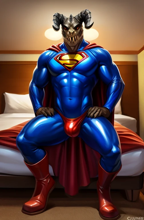 a muscular deathclaw (wearing blue shiny glossy tight bodysuit Superman spandex costume, red cape, red brief speedo, red boots,) bulge, normal human legs, looking at viewer, at a motel bedroom, sexy pose at the bed, by chunie by zaush by jucieps