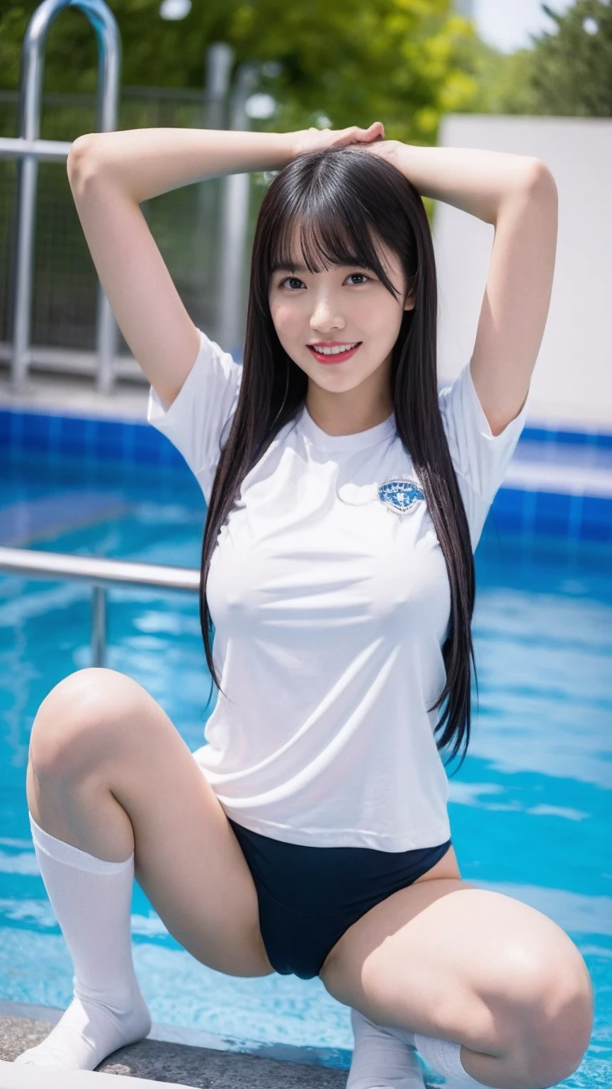 Ultra-high resolution,(reality: 1.4),Highest quality, masterpiece, High detail, 16K quality, beautiful, 1 beautiful girl,Japanese,super beautiful face,,Japanese idol face,Cute face,Highly detailed face,Detailed hands,beautiful skin,Sweaty skin,Big eyes,Big smile,Professional Lighting,short hair, Black Hair,brown beautiful eyes, Gym suit,Navy bloomers in the school gym, White shirt, Short sleeve, squat,Spread your legs,Medium chest,Knee-high socks,She is looking at the camera,Poolside,blue sky,Browsing Caution,from the front,Erect nipples、Roll up your shirt、Place your hands behind your head