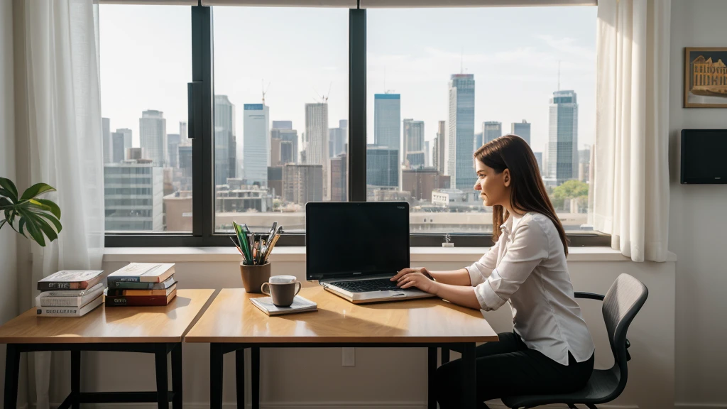 a freelancer working in the office, woman sitting at desk, laptop computer, coffee mug, books, papers, lamp, window view of city skyline, natural lighting, warm color tones, photorealistic, highly detailed, cinematic, 8k, masterpiece