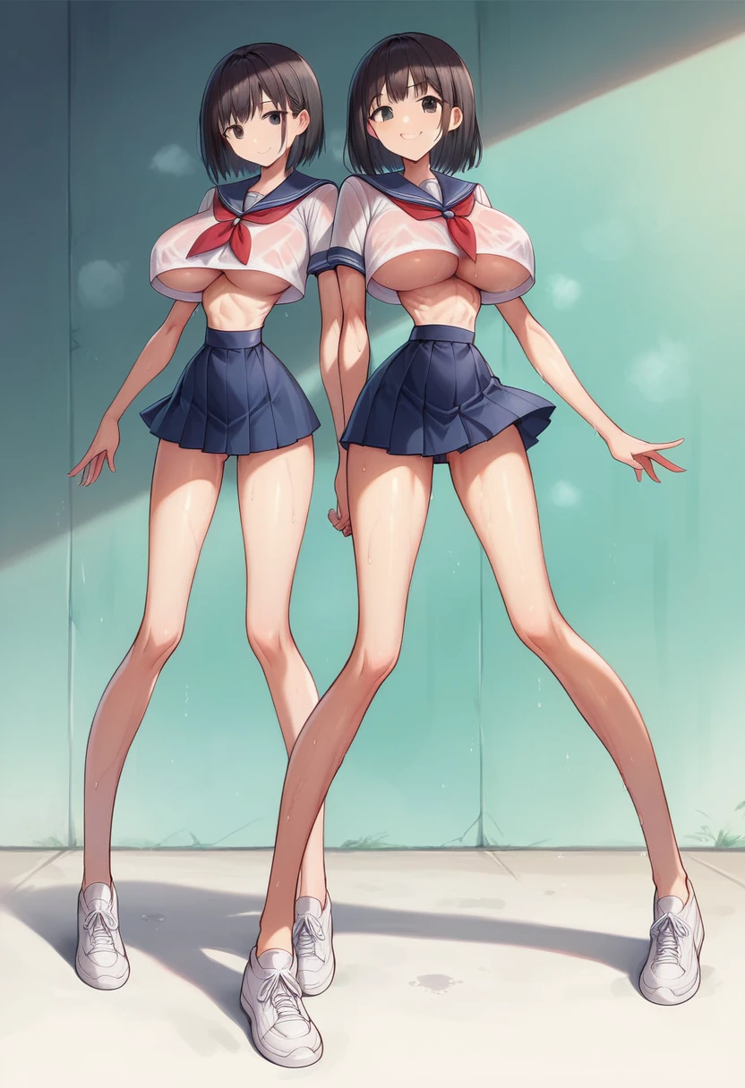 (masterpiece, best quality), front shot, 1girl, kawaii, (super big breasts:1.2), (micro waist, very long legs:1.5), Very elongated thin body, short height, scrawny, tiny cute thin face, detailed face, cute smile, mini skirt, Tight serafuku, shows under boob, white sneakers, pigeon-toed, wet sweaty, big visible ribs, ((Black medium hair))