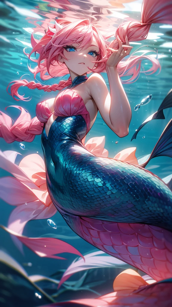 Mermaid, dark skinner, coral pink tail with yellow accents , dynamic posing, in the sea, blue and pink hair, braided, blue eyes, masterpiece, beautiful lighting