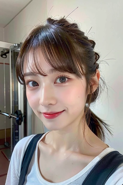 ((Highest quality、8K、masterpiece:1.3))、One Girl、beautiful woman with slim abs:1.3、(Random Hairstyles)、in house、Ultra detailed face、Fine grain、double eyelid、Huge 、stop temporarily、Running at the gym　Gymnastics　Whole body image　There is movement