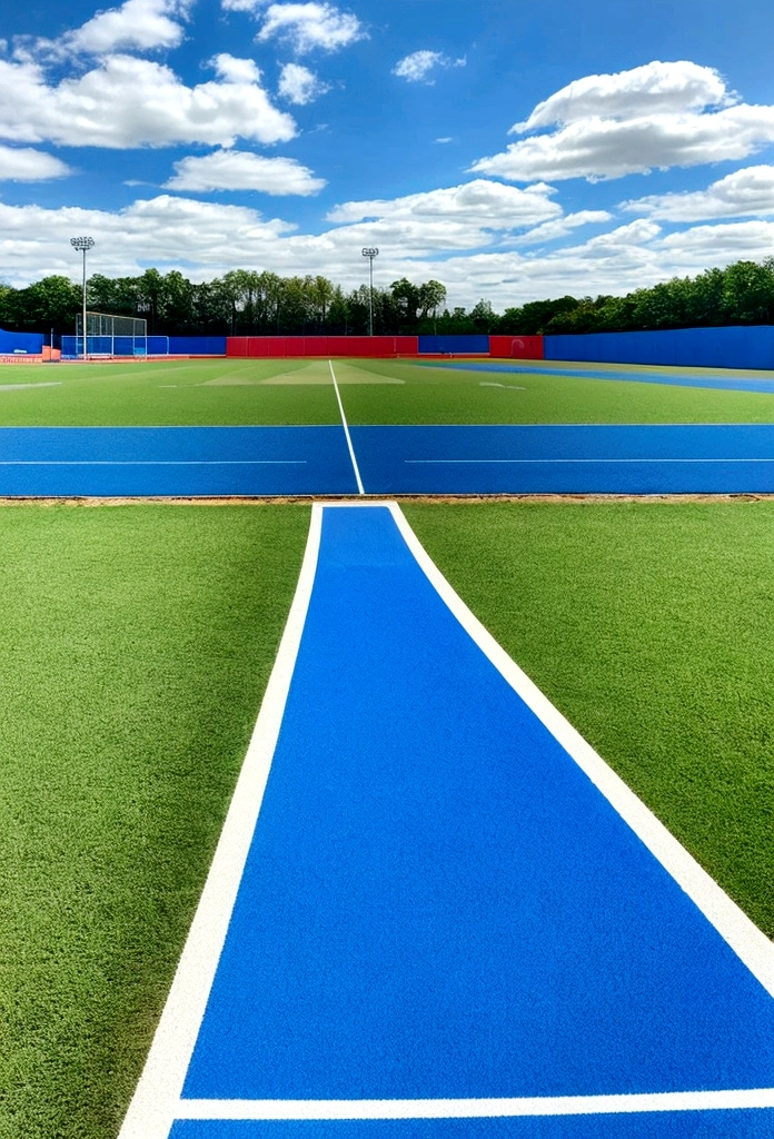 A meandering athletics track,The background is blue sky, white clouds and a sports field