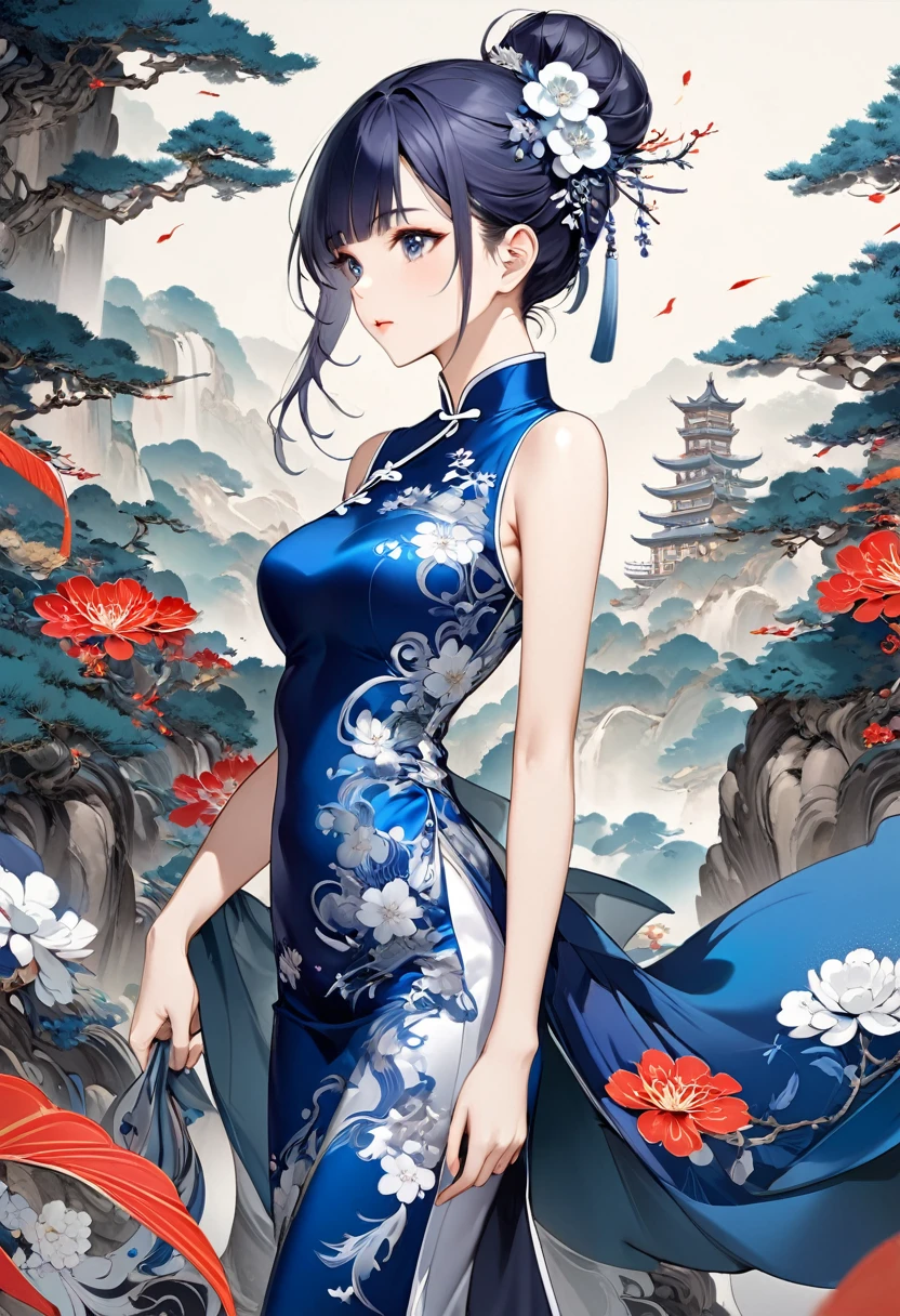 Wearing indigo cheongsam(Long silk cheongsam in color and silver embroidered flowers )The perfect anatomical structure of an oriental beautiful girl. Beautiful and elegant art masterpiece. The background is an abstract blurred giant leaf. Oriental ink painting style. Clean and clear colors. Ultra-detailed animation art. Perfect composition. Intricate details. Meticulous digital art.