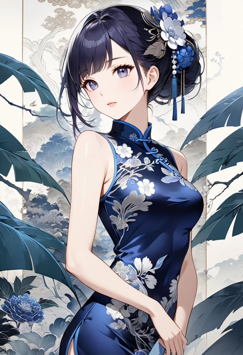 
     Wearing indigo cheongsam(Long silk cheongsam in color and silver embroidered flowers )The perfect anatomical structure of an oriental beautiful girl. Beautiful and elegant art masterpiece. The background is an abstract blurred giant leaf. Oriental ink painting style. Clean and clear colors. Ultra-detailed animation art. Perfect composition. Intricate details. Meticulous digital art.