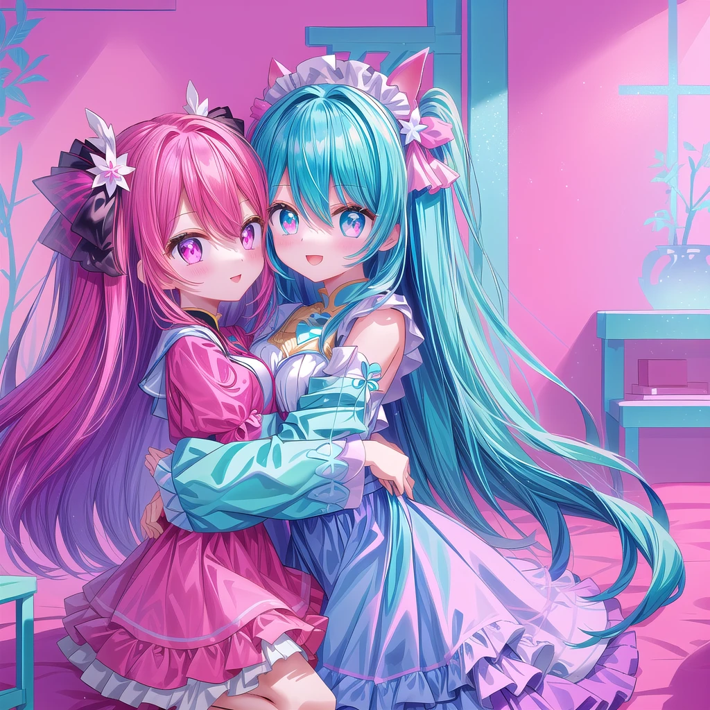 Anime girl hugging another girl in the room with pink background, Two beautiful anime girls, 动漫风格 4色Double tail头发和青色眼眸, Vermillion and Cyan, anime art wallpaper 8 k, Digital Art on pixiv, Double tail, Lovely art style, Cyan and Magenta, Anime Art Wallpaper 4K, Anime Art Wallpaper 4K