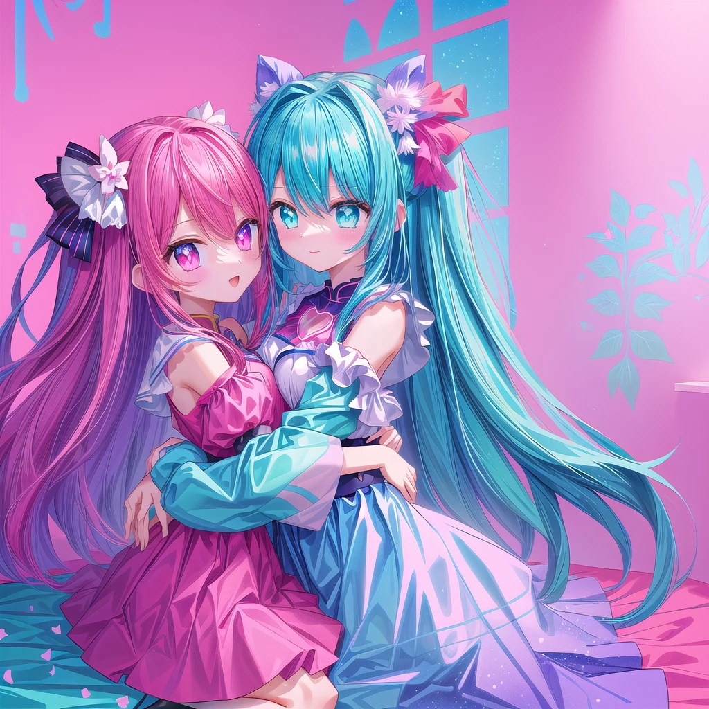 Anime girl hugging another girl in the room with pink background, Two beautiful anime girls, 动漫风格 4色Double tail头发和青色眼眸, Vermillion and Cyan, anime art wallpaper 8 k, Digital Art on pixiv, Double tail, Lovely art style, Cyan and Magenta, Anime Art Wallpaper 4K, Anime Art Wallpaper 4K