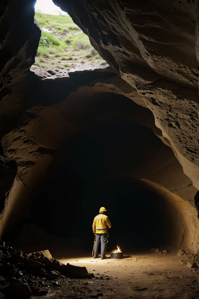 A person in cave having torch digging cave.