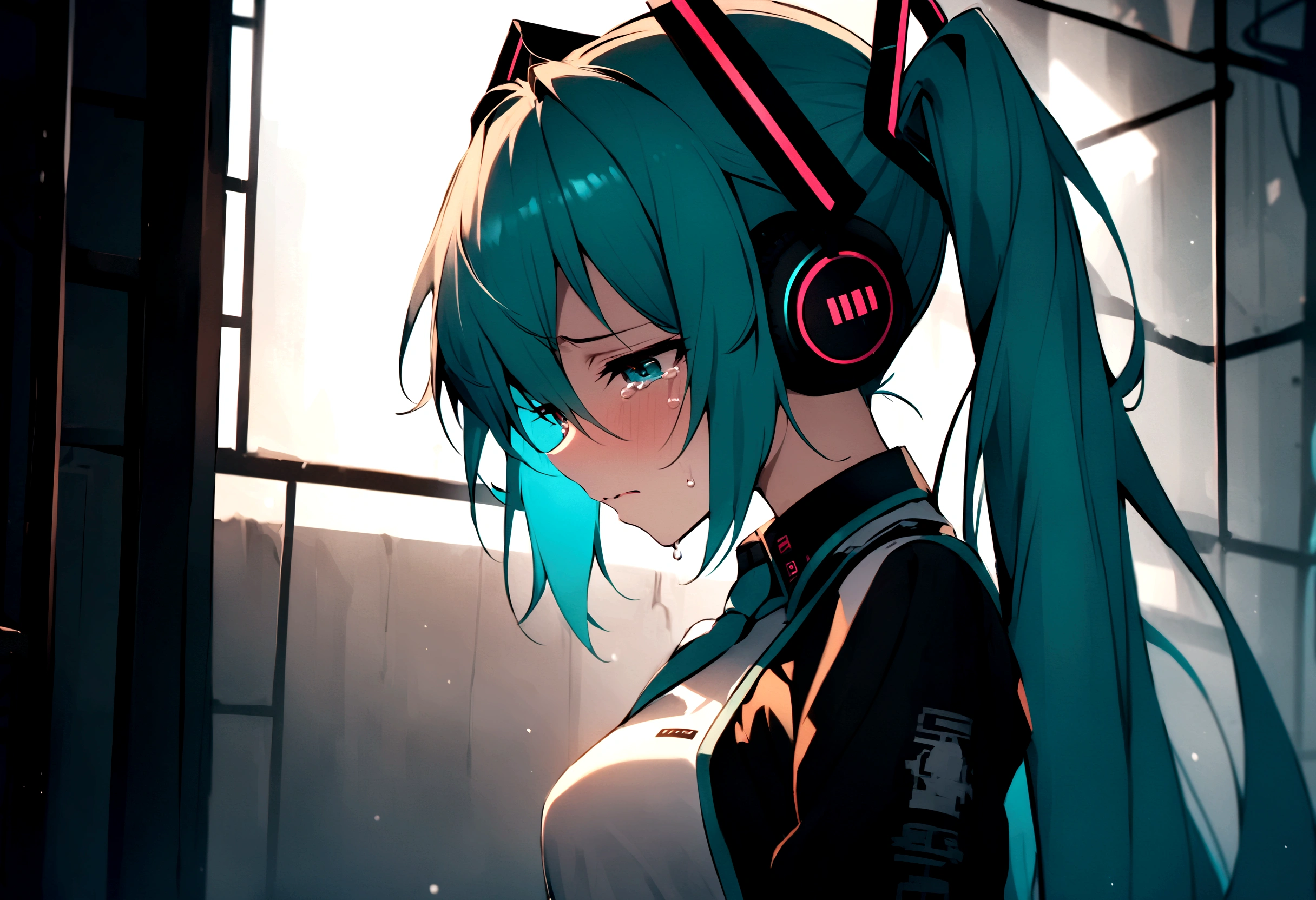 (((masterpiece, hatsune miku, vocaloid, Super detailed、Digital Cage、Sad face、tears、