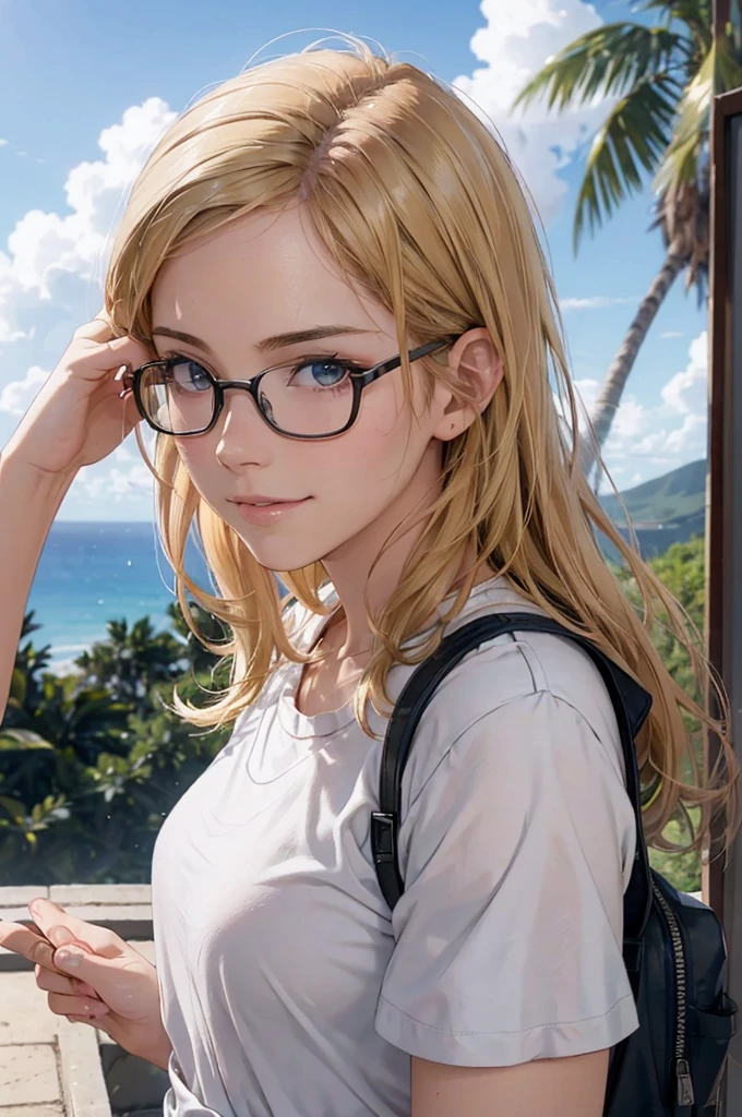 最high quality, high quality, High resolution, high quality texture, high quality shadows, High resolution, Beautiful details, Detailed CG, Detailed Texture, Realistic representation of face, Realistic, colorful, delicate, Cinematic Light, Side light, Lens flare, Ray Tracing, sharp concentrated, (1 Girl,concentrated:1.3), ( Intricate details, compensate, PureErosFaceV1:0.5), (細部まで美しいdelicateな顔, 緻密で美しいdelicateな瞳, Perfect Facial Proportions, Dense skin, Optimal ratio of four fingers to one thumb, Modest chest, Beautiful Hips, Smooth upper abdomen, blue eyes , glasses ,White shirt, mountaineering pants ,trekking shoes, work cap, Hawaii, Waikiki Beach ,buzzer, blue sky,trekking backpack ,adventure journey ,the gaze of true love, lips of temptation, A look full of compassion ,a smile full of love, i love you, Acting lovey-dovey, waist up, 35 years old, hiking,house wife,air fortress hair, blonde hair