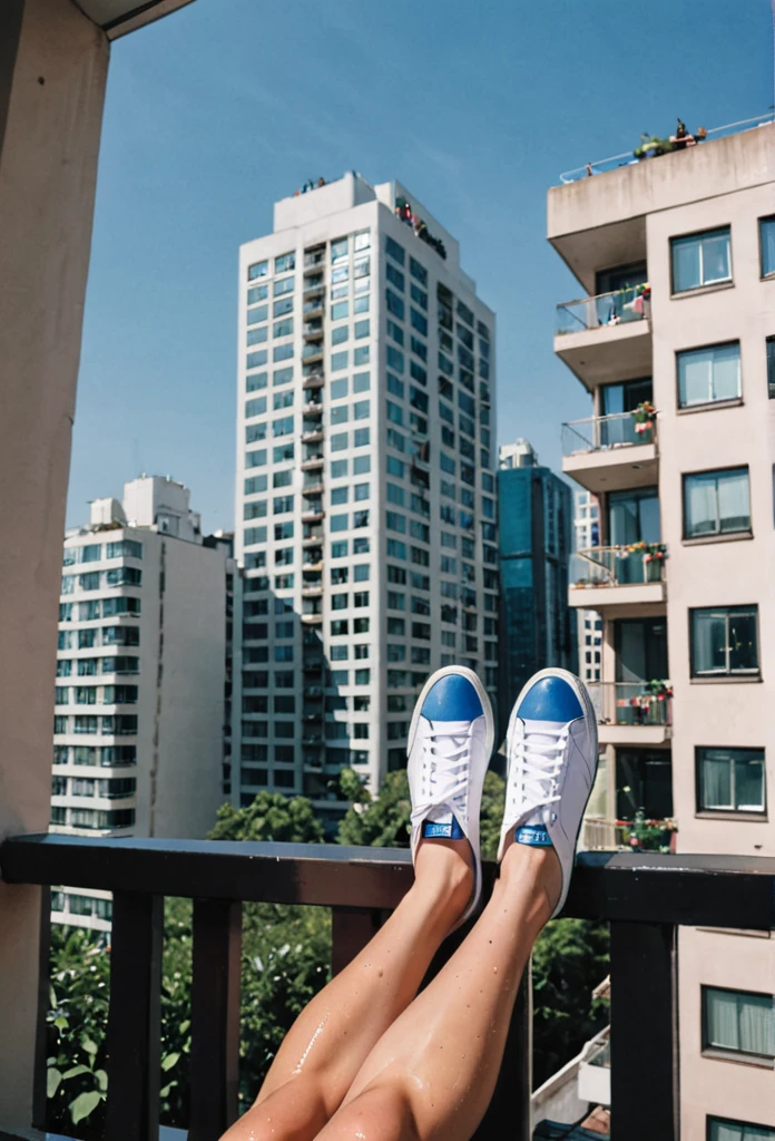 Anya Taylor Joy, soaking wet white sleeveless t-shirt,moose knuckle on white panties, leaning on the railing of a small balcony of a tall building in a dense city.perspective from below her, frontal view,showing drab buildings, a can, a blue slipper and a plant. pink railing,perfection style, perfect detailed hands,polaroid photography ,facing the viewer