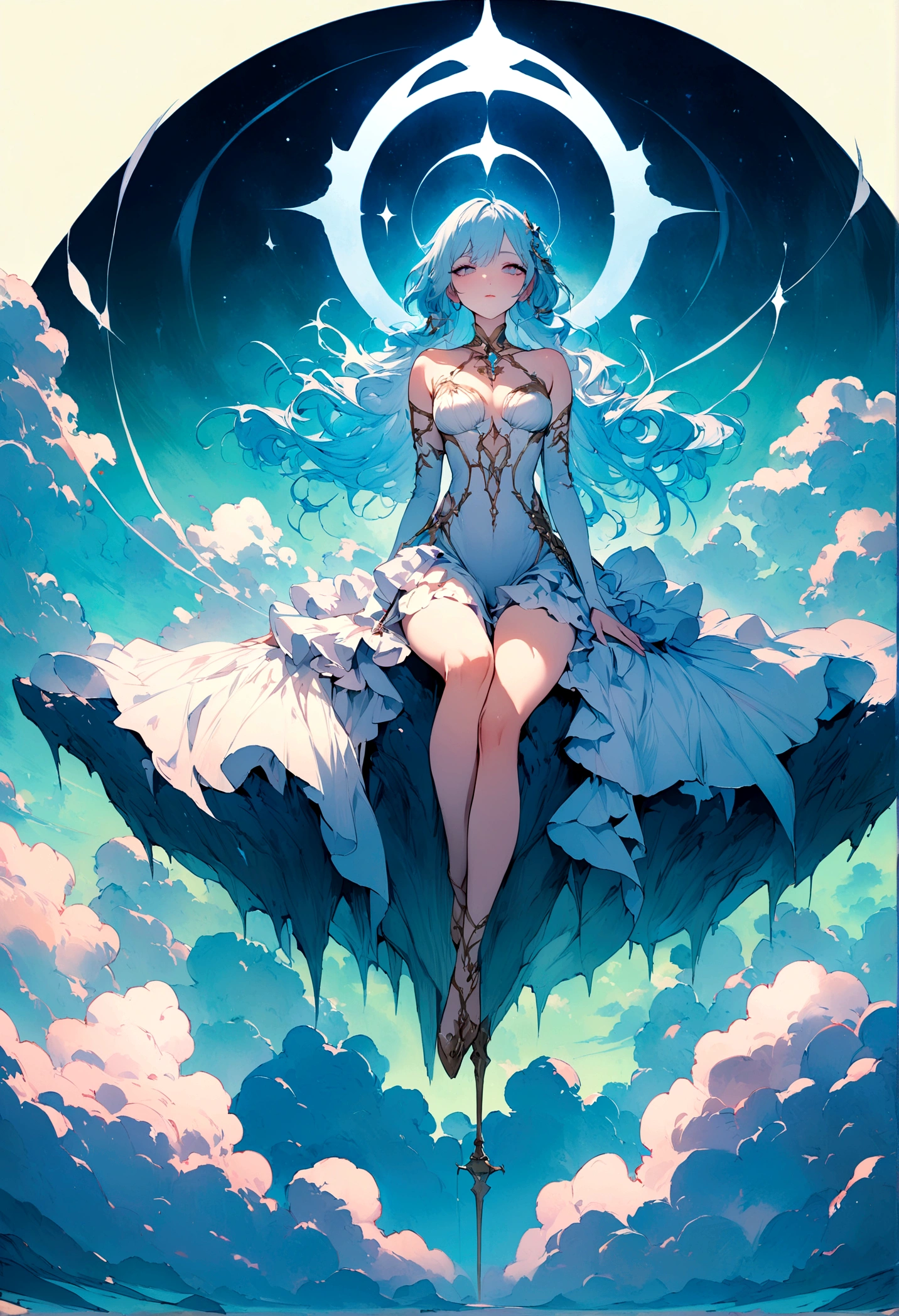 (best quality)), ((masterpiece)), (detailed), alluring boy, ethereal beauty, perched on a cloud, (fantasy illustration:1.3),