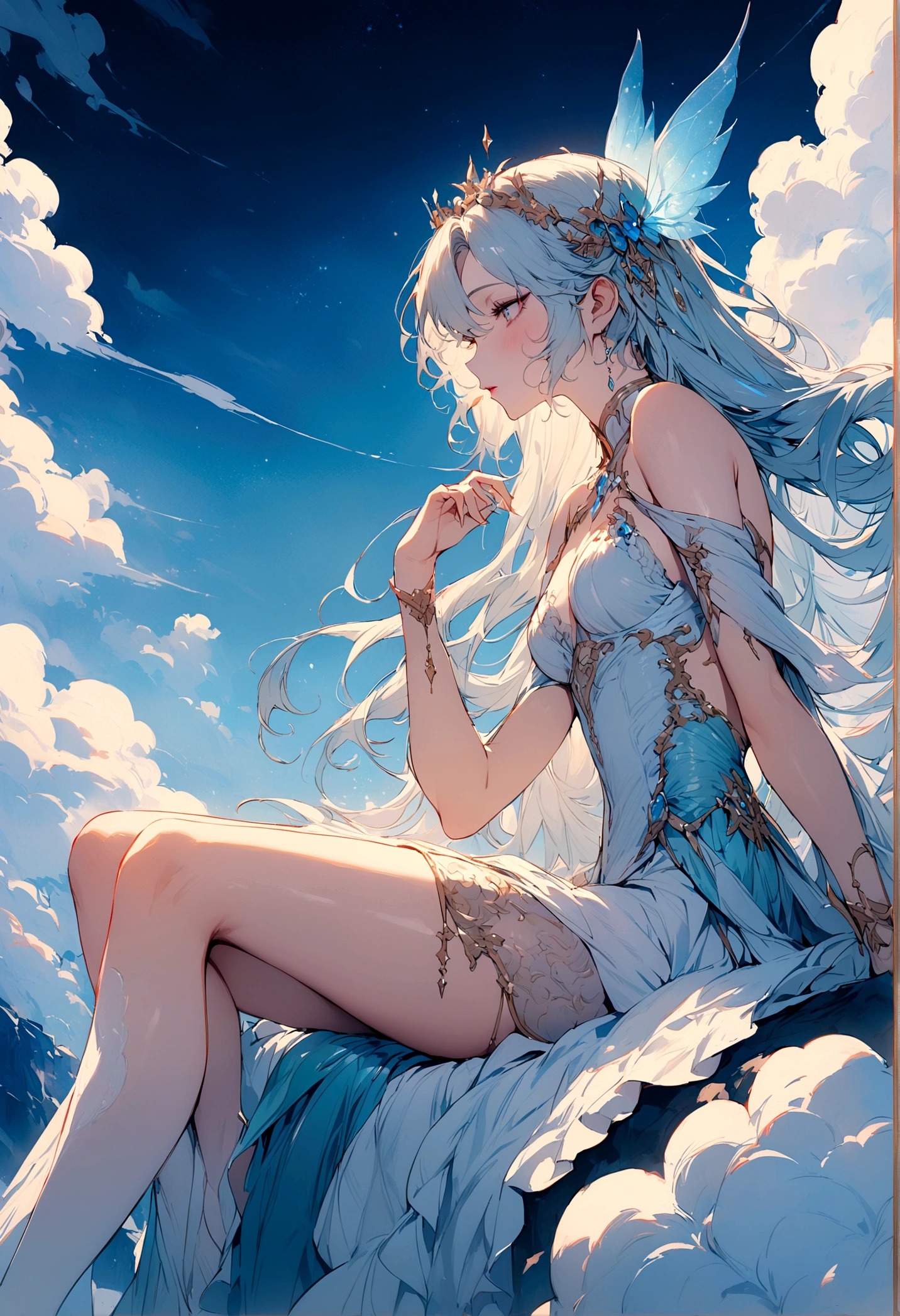(best quality)), ((masterpiece)), (detailed), alluring boy, ethereal beauty, perched on a cloud, (fantasy illustration:1.3),