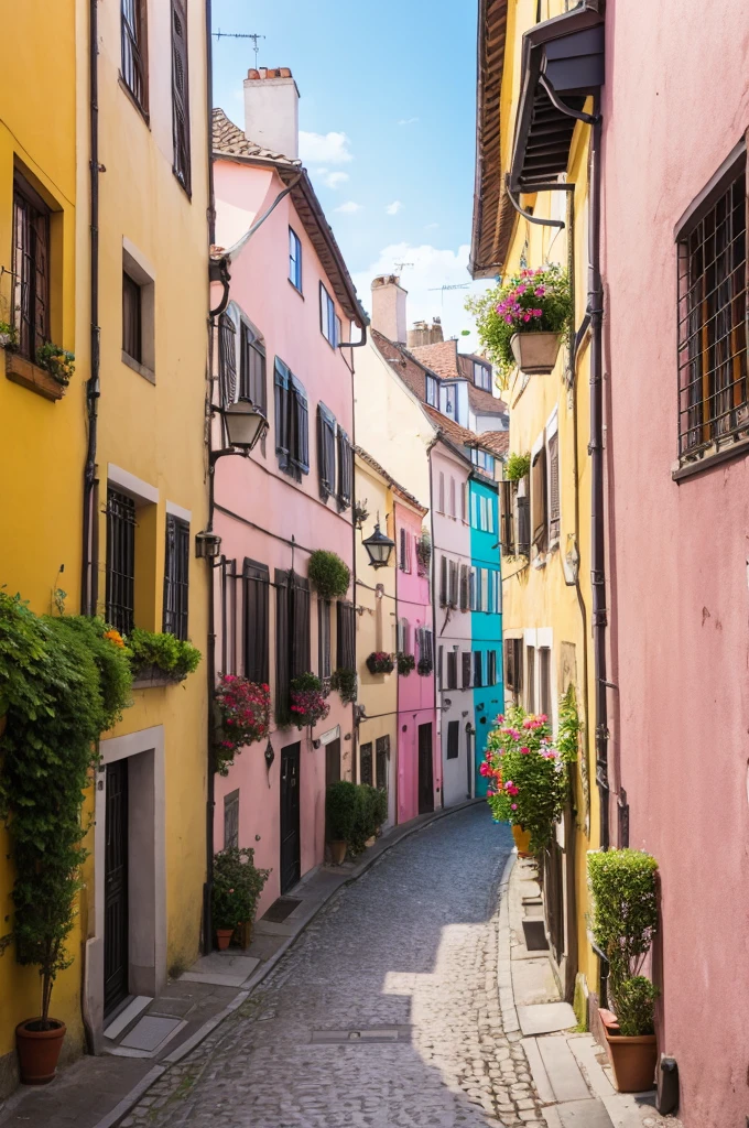 Europe　Streetscape　pastel colour　Uphill