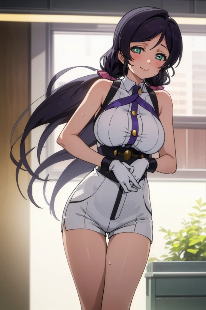 (masterpiece, best quality), 1girl,    nozomi toujou,huge breasts,sexy ,,sweating,sleeveless,looking viewer,smile,,,bare legs,high waist shorts,thigh gap,black glove