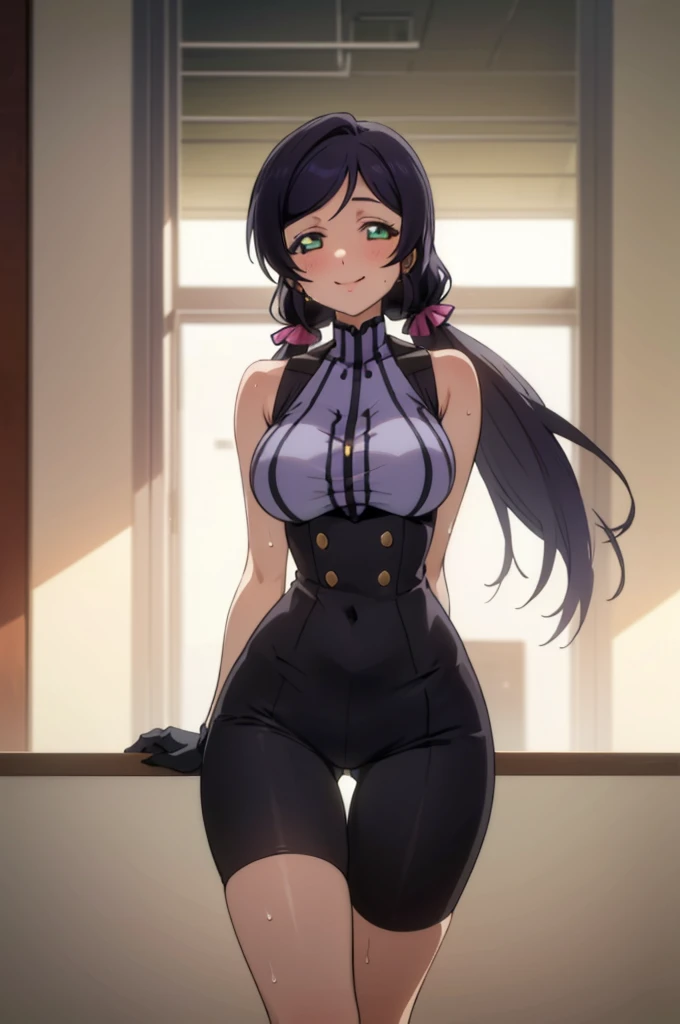 (masterpiece, best quality), 1girl,    nozomi toujou,huge breasts,sexy ,,sweating,sleeveless,looking viewer,smile,,,bare legs,high waist shorts,thigh gap,black glove