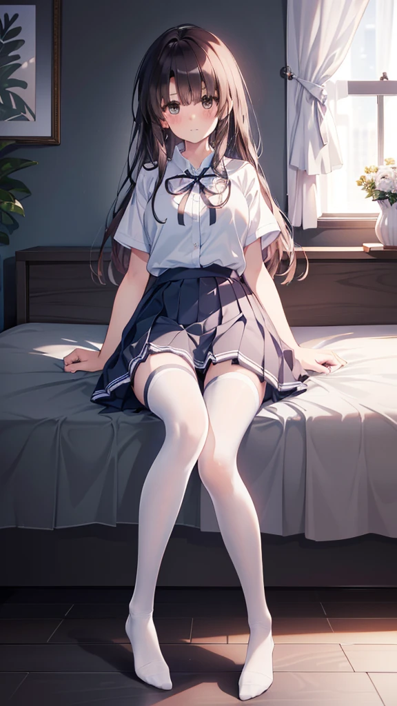 (8K、Best image quality、Highest quality、masterpiece)、One tall girl、((whole body))、M-shaped legs spread in bed、White panties are visible、Long Hair、Wavy Hair、blush、Medium Bust、White collared shirt、Short sleeve、((Checkered pleated mini skirt))、((black tights))、Black Pantyhose、((No shoes))