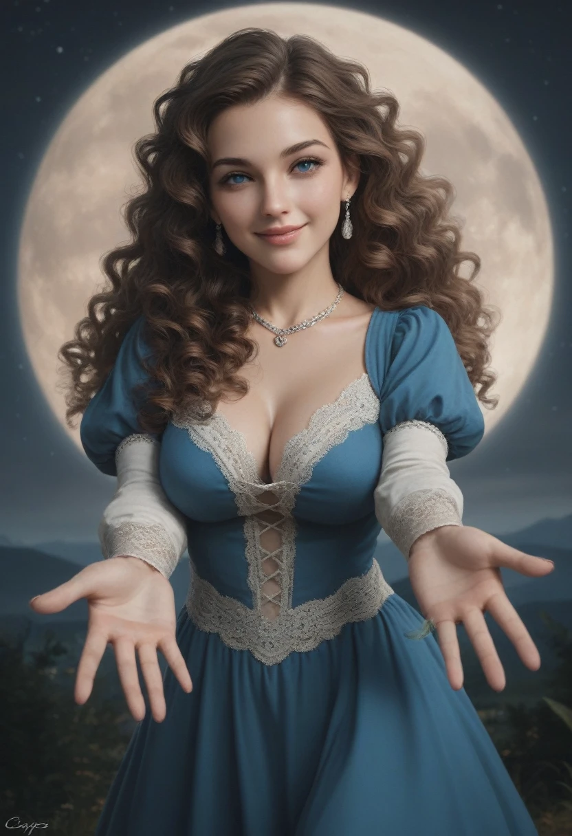 score_9, score_8_up, score_7_up, score_6_up, rating:safe, 1girl, solo, black_hair, wavy_hair, jewelry, dress, blue_eyes, earrings, long_hair, looking_at_viewer, curly_hair, upper_body, lips, lace, blue_dress, (night:1.3), cxqz8r, medieval_dress, medieval_landscape, fullmoon, rpg, outstretched, (young:1.2), smile, (goddess), very nice, hair_over_breasts, hair_censor