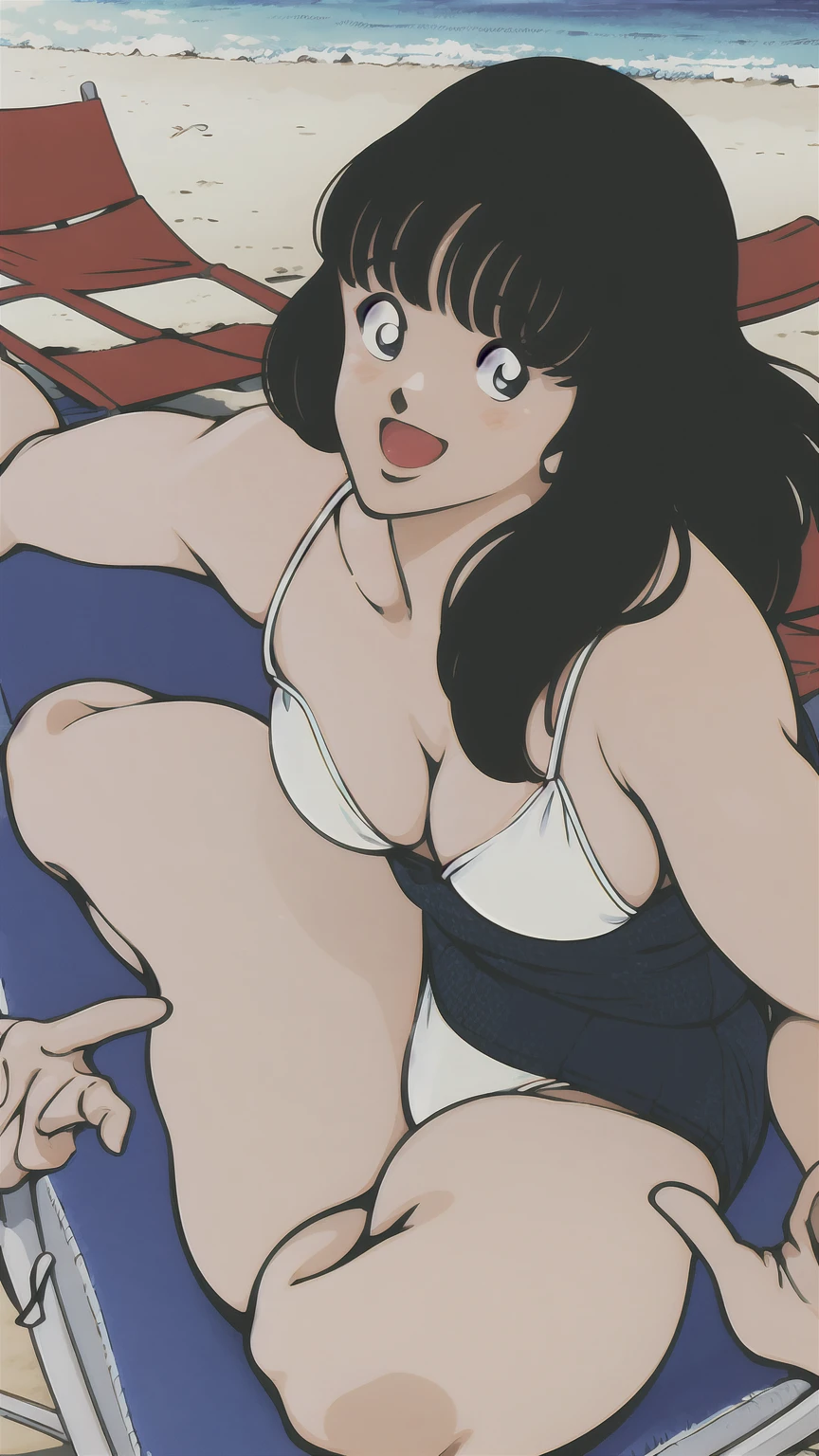 (((character:asakura minami:1.3))),((masterpiece)),((highest quality)),Super detailed,(thin entire outline),enlightenment,explicit,POV,1girl,solo,black hair,medium hair,black eyes,small nose,perfect body,beautiful body,beautiful character design,perfect eyes,perfect face,((happy smile)),small open mouth,(enjoy,having fun:1.2),entp,perspiration,wallpaper,ultra high resolution,8k,photo shoot,(beautiful large breast:1.2),beautiful legs,perfect feet,beautiful skin,fair skin,smooth skin,official style,official art,make a screen cap,outdoor,(summer beach),sunshine,bright lighting,(white micro bikinis),((beach delivery chair)),spread legs,(peace sign:1.2),