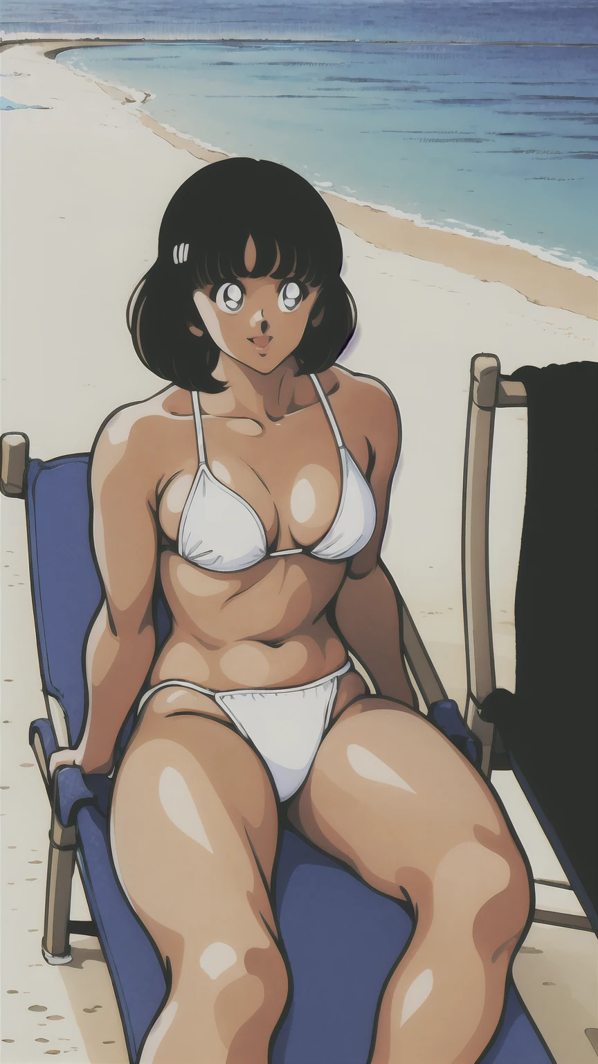 (((character:asakura minami:1.3))),((masterpiece)),((highest quality)),Super detailed,(thin entire outline),enlightenment,explicit,POV,1girl,solo,black hair,medium hair,black eyes,small nose,perfect body,beautiful body,beautiful character design,perfect eyes,perfect face,((happy smile)),small open mouth,(enjoy,having fun:1.2),entp,perspiration,wallpaper,ultra high resolution,8k,photo shoot,(beautiful large breast:1.2),beautiful legs,perfect feet,beautiful skin,fair skin,smooth skin,official style,official art,make a screen cap,outdoor,(summer beach),sunshine,bright lighting,(white micro bikinis),((beach delivery chair)),spread legs,(peace sign:1.2),