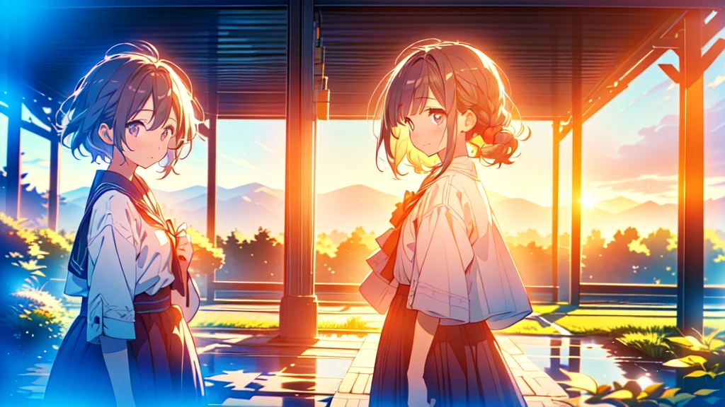 1girl、(((Parent and 、Highest quality、Masterpiece、Official Art、The best dynamic composition)))、(detailed)、Anime Style、A tranquil view of the countryside、Departure、The  and became independent、A mother sees her off at the station in tears、