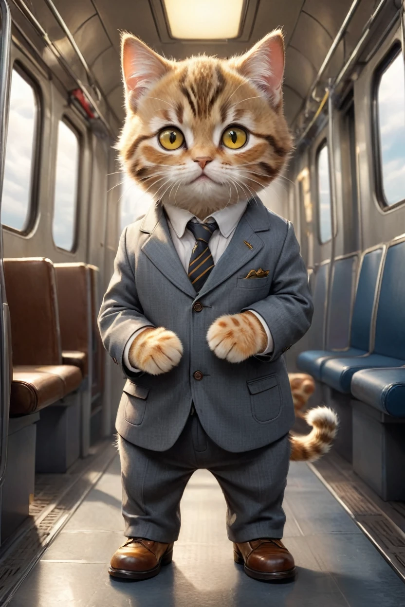 small, かわいいbornき物, I am on a train、Has a hanging ring、Landscape、Wearing a gray suit、Wearing suit pants、commute、Brown leather shoes、 whole body,Small , Are standing, Costumes, Operating a computer、 Fantasy art, Exquisite detail, Jean-Baptiste Monge Style, office、Alan Lee Style, An anthropomorphic, fat, furry tabby kitten with yellow eyes, Movie Scenes, Dramatic shot angles, , Realistic, born々Amazing cinematic photorealism, Action Portrait, 8K, detailed, Full Frame