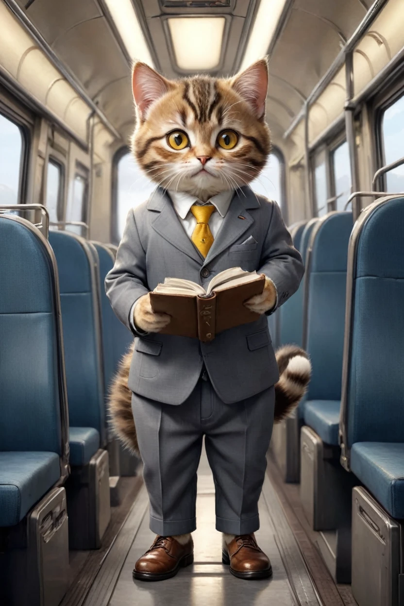 small, かわいいbornき物, I am on a train、Has a hanging ring、Landscape、Wearing a gray suit、Wearing suit pants、commute、Brown leather shoes、 whole body,Small , Are standing, Costumes, Operating a computer、 Fantasy art, Exquisite detail, Jean-Baptiste Monge Style, office、Alan Lee Style, An anthropomorphic, fat, furry tabby kitten with yellow eyes, Movie Scenes, Dramatic shot angles, , Realistic, born々Amazing cinematic photorealism, Action Portrait, 8K, detailed, Full Frame