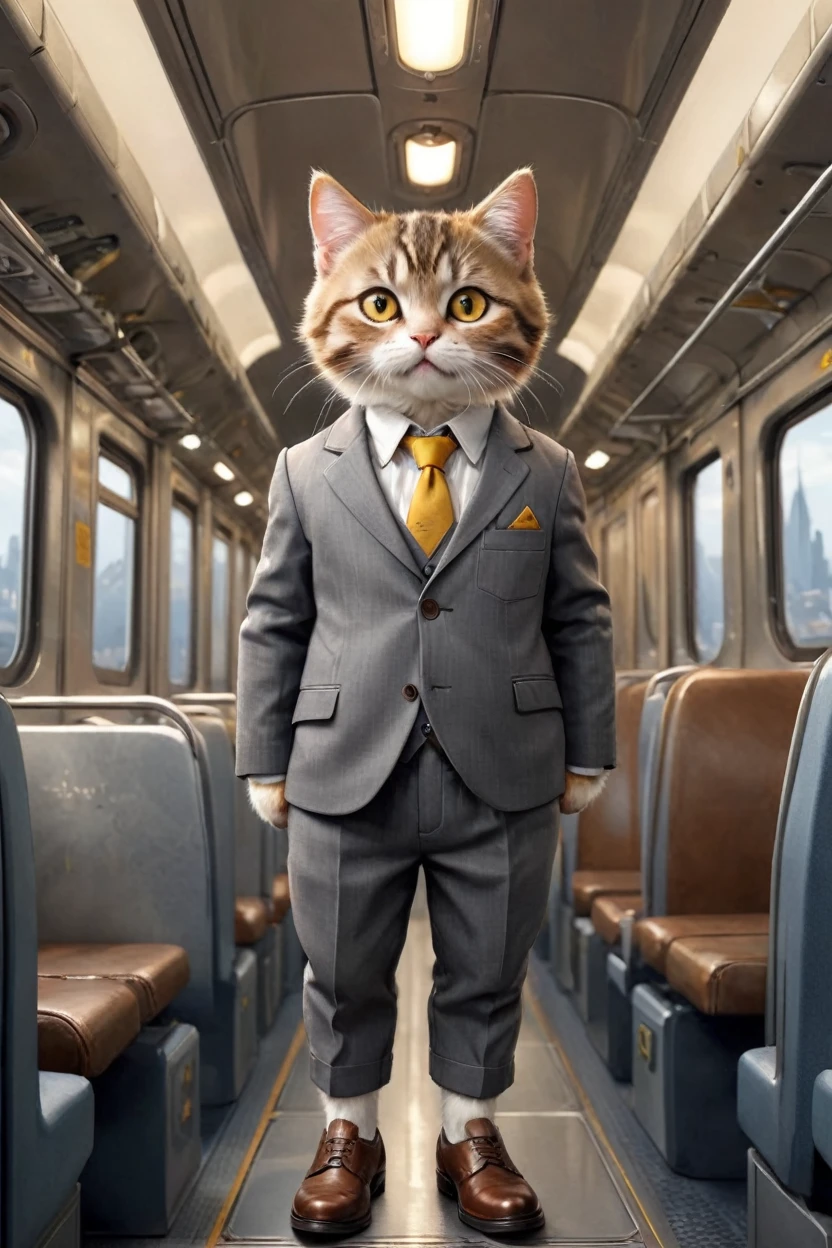 small, かわいいbornき物, I am on a train、Has a hanging ring、Landscape、Wearing a gray suit、Wearing suit pants、commute、Brown leather shoes、 whole body,Small , Are standing, Costumes, Operating a computer、 Fantasy art, Exquisite detail, Jean-Baptiste Monge Style, office、Alan Lee Style, An anthropomorphic, fat, furry tabby kitten with yellow eyes, Movie Scenes, Dramatic shot angles, , Realistic, born々Amazing cinematic photorealism, Action Portrait, 8K, detailed, Full Frame