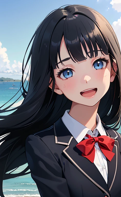 (Photorealistic:1.4)、(15-year-old:1.5),(masterpiece、spot light:1.2、Exquisite beautiful eye:1.5,portlate),(kind eyes、tareme:1.9),(Close-up of face:1.5,face focus:1.5)、(Cute Face、 3D Face)、(black hair:1.5)、(middle hair:1.5),(sidelock :1.5),(blunt bangs:1.3),(1 school girl)、(aqua eyes:1.2)、(upper body:1.5)、(Open mouth happy smile:1.5)、(Hair blowing sideways in the wind:1.4),(Hands in hair1.7)、,(Hands in hair1.7)(head tilt) ,(),(flat chest),(),(school blazer:1.5),(Park with an ocean view background:1.5)、()、()、Slim Body(),Shiny Hair、girl