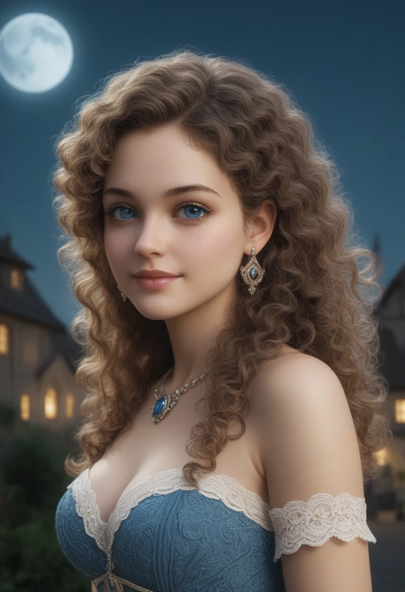 score_9, score_8_up, score_7_up, score_6_up, rating:safe, 1girl, solo, black_hair, wavy_hair, jewelry, dress, blue_eyes, earrings, long_hair, looking_at_viewer, curly_hair, upper_body, lips, lace, blue_dress, (night:1.3), cxqz8r, medieval_dress, medieval_landscape, fullmoon, rpg, outstretched, (young:1.2), smile, (goddess), very nice, hair_over_breasts, hair_censor