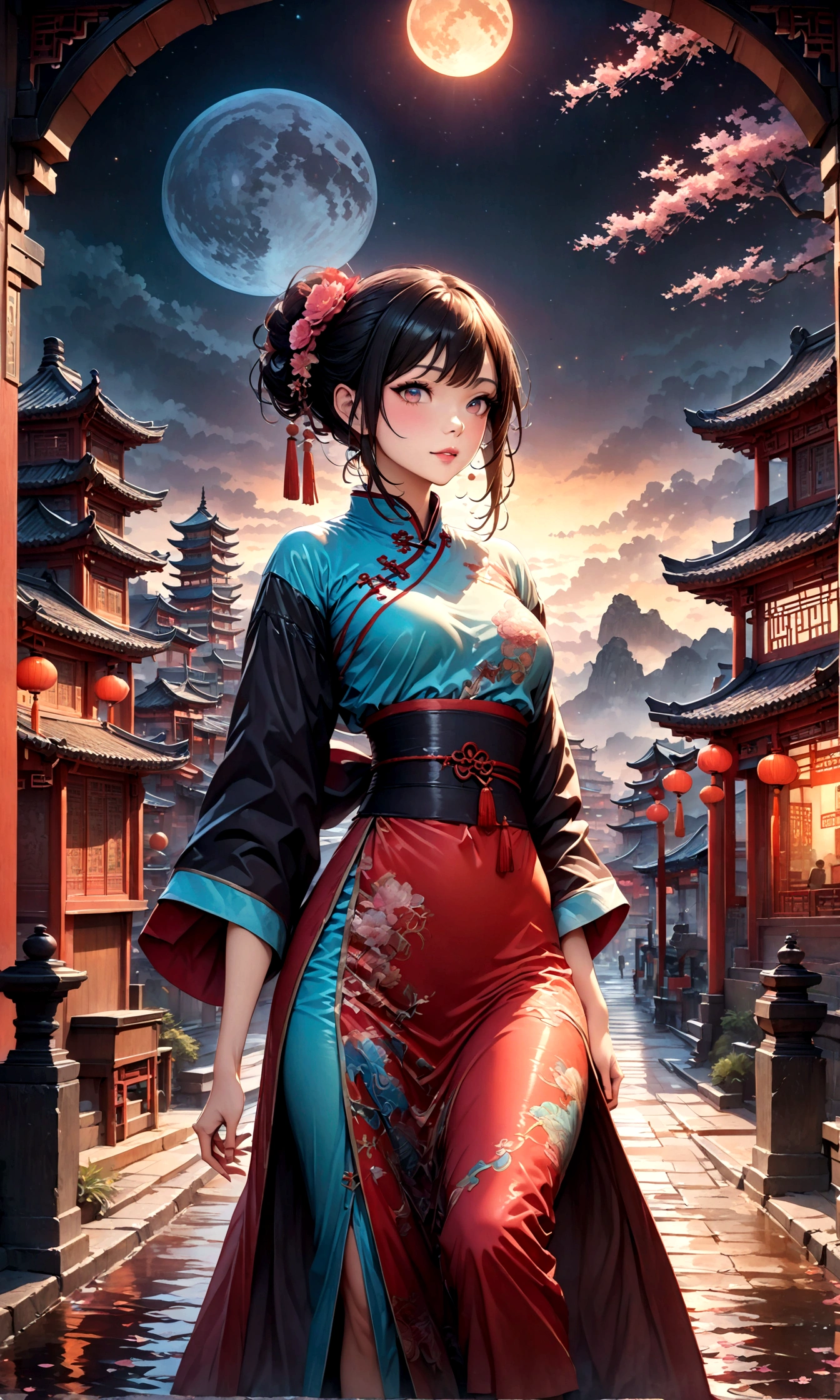 A fantastic view of Chinatown,赤い提灯の温かいLight,Modern and historic,Fantastic and dreamy landscape,Light,There is a woman in Chinese clothing in the landscape.,She is charming and beautiful、It's like a symbol of Shanghai at night.,Realistic skin texture,Photorealistic,BREAK,Gorgeously embroidered Chinese clothing,A masterpiece created by designers,The best configuration,Light and Dark,BREAK,,(masterpiece:1.3),(highest quality:1.4),(ultra detailed:1.5),High resolution,extremely detailed,unity 8k wallpaper,Intricate details,Wide range of colors,artwork,rendering,(masterpiece:1.3),(highest quality:1.4),(Super detailed:1.5),High resolution,Very detailed,unity 8k wallpaper,Draw artistic background,Absurd beauty,Zentangle,A fantastic and beautiful night in Chinatown
