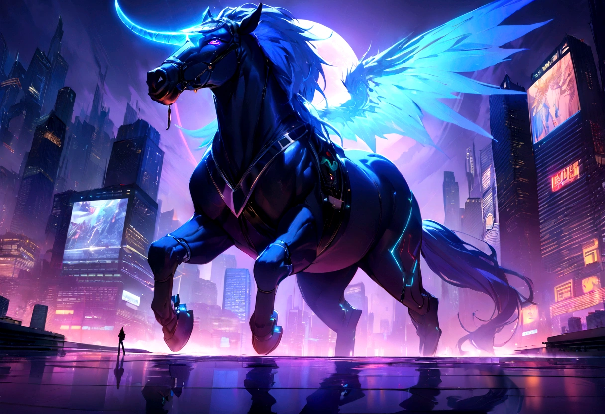 ((masterpiece, Highest quality, Best image quality, High resolution)) A purple horse with huge horns、 Big devil horse、angel ring on top of head、Glowing blue eyes and advanced cybernetic enhancements.Neon-lit rooftop, reflection on a smooth surface. The cityscape below is filled with towering skyscrapers., illuminated by colorful holographic advertisements, Shining with blue energy, Mighty power. The overall atmosphere is dark and mysterious., It had a futuristic techno vibe.. The lighting is dramatic, Intense highlights and deep shadows, Creates depth and tension. Color Palette