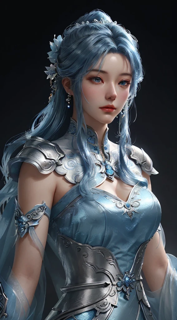 Close up of woman in silver and blue dress, Pan Chengwei on artstation, author:Yang J, Detailed fantasy art, Stunning character art, Fan Art Best Artstation, Epic and beautiful character art, Beautiful armor, Extremely detailed Artgerm, Detailed digital anime art, artstation pixiv download artgerm, Armor Girl