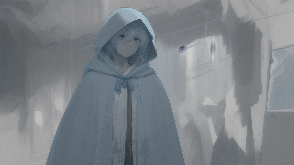 amazing, chest, pastel colour, Ink blotches , light blue, Wrapped in a tattered cloak, Atmosphere details,