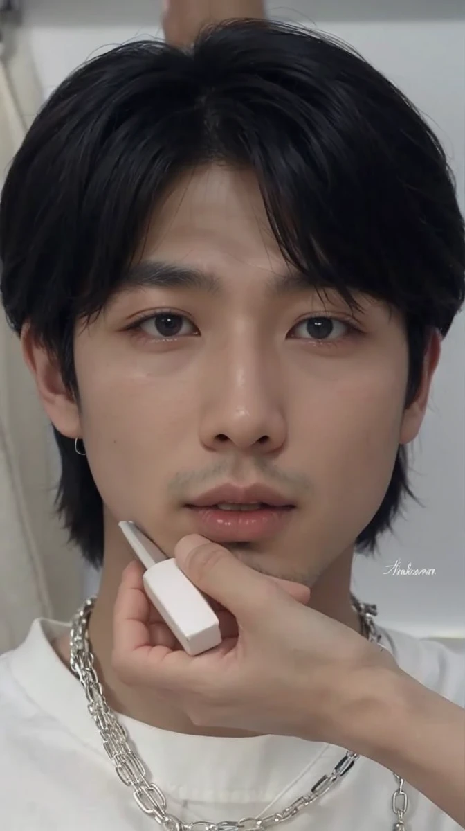 An Asian man being made up