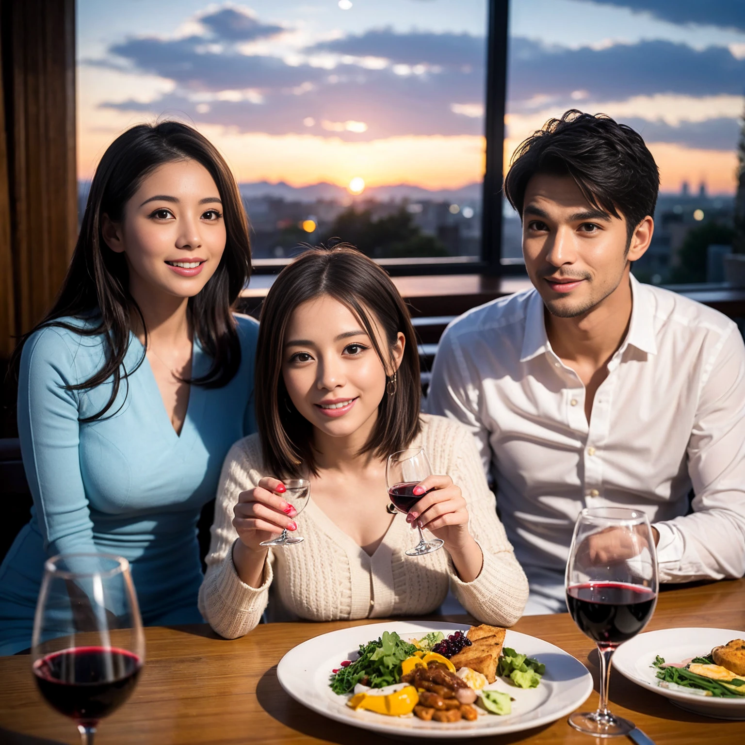 ((Highest quality、8K、masterpiece:1.3))、 (Genuineistic, Genuine、Bright image、Intricate details:1.2), 最高のsmile、1 male 1 female、Beautiful couple、Lovey-dovey lovers、Satomi Ishihara lookalike fiance、Good friends、actress couple、smile、Full-course dinner at a packed table、 (Slim face), (the body is slim), (Brown Hair), (short hair), テーブルのwine glass、Please shine a light on my face、 Amazing view of the sunset sky and clouds、 years old 39 years old, red wine 、Appetizers、Wine bottle、sparkling wine、Long sleeve shirt、dress、White wine, red wine, wine glass,