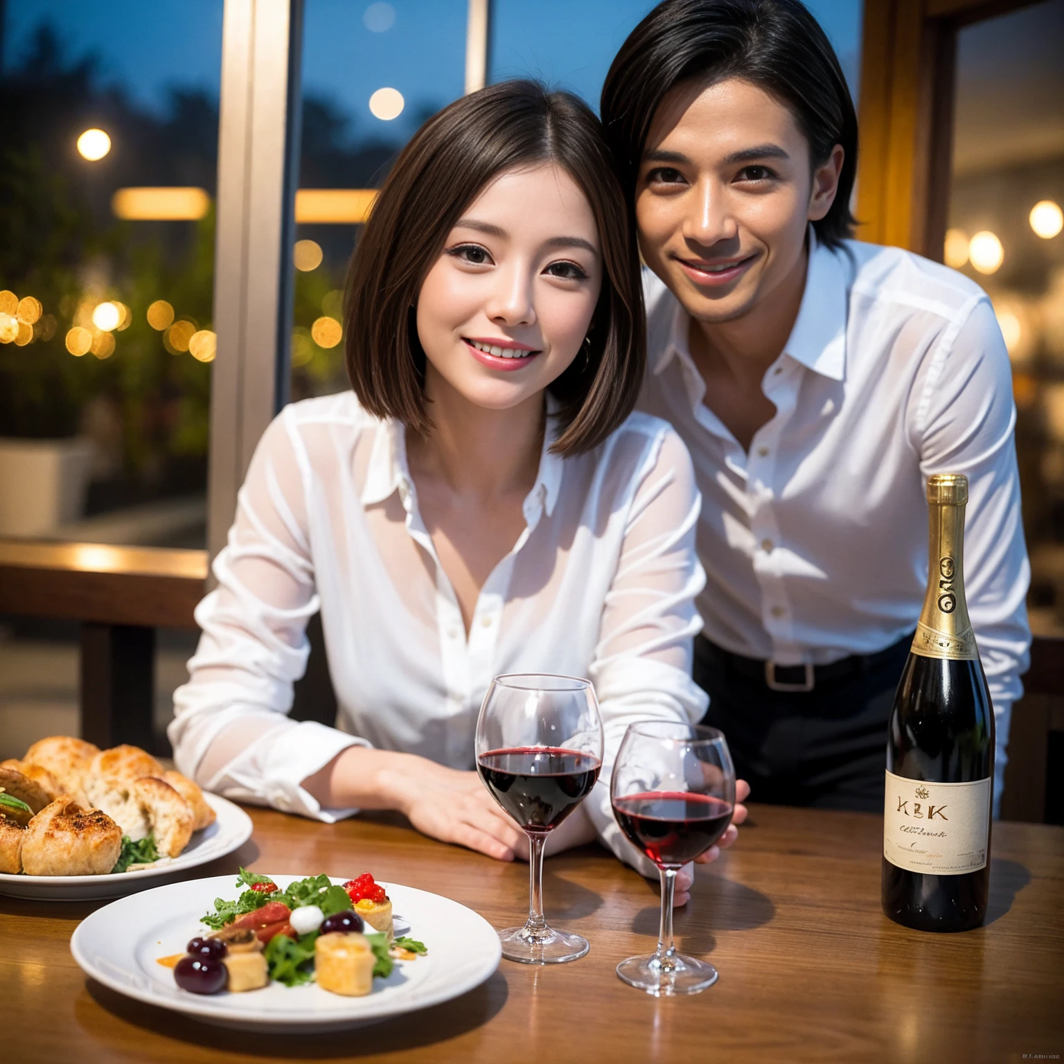 ((Highest quality、8K、masterpiece:1.3))、 (Genuineistic, Genuine、Bright image、Intricate details:1.2), 最高のsmile、1 male 1 female、Beautiful couple、Lovey-dovey lovers、Satomi Ishihara lookalike fiance、Good friends、actress couple、smile、Full-course dinner at a packed table、 (Slim face), (the body is slim), (Brown Hair), (short hair), テーブルのwine glass、Please shine a light on my face、 Amazing view of the sunset sky and clouds、 years old 39 years old, red wine 、Appetizers、Wine bottle、sparkling wine、Long sleeve shirt、dress、White wine, red wine, wine glass, 