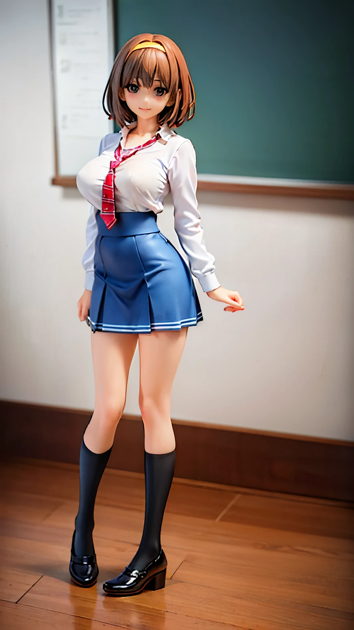 (alone:1.5),Light brown short-cut hair、Big Breasts:1.5、looking at the camera、A big smile、((((whole body))))、Top image quality、超A high resolution、(photographrealistic:1.4)、 AccentLighting, 8K, japanese, (Beautiful face: 1.1),(50 years old:1.3)、(photorealistic photos:1.2)、At 8K、haruhi_surfing, white long sleeve shirt and blue collar, micro mini skirt,blue skirt, red tie, yellow ribbon, pretty girl, classroom