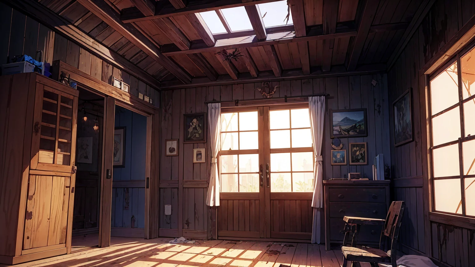 Old abandoned damaged wooden house,masterpiece,game CG,アニメ,Unmanned, No human,background,,,dark, wooden, spider webs, wooden boards, broken windows,