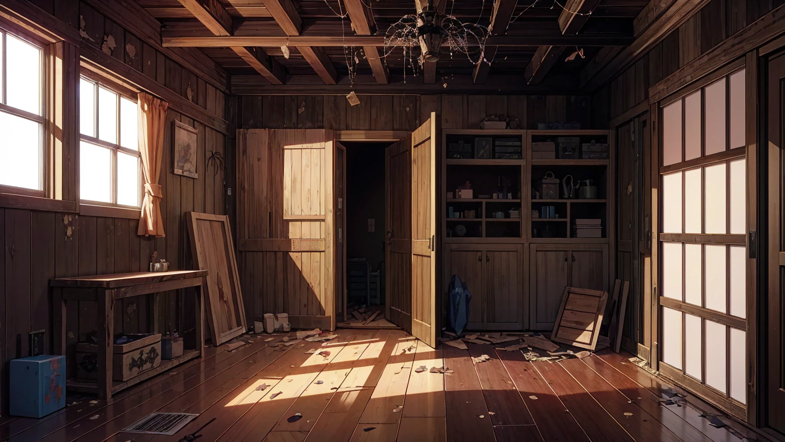 Old abandoned damaged wooden house,masterpiece,game CG,アニメ,Unmanned, No human,background,,,dark, wooden, spider webs, wooden boards, broken windows,