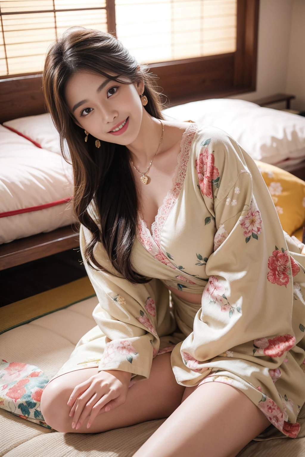 high quality,8K, Detailed facial depiction, Detailed description of the eyes,One Woman, Light brown hair(Medium-long hair),Beautiful Japanese Girl,24-years-old,Cute eyes,Cute Smile,Yukata beauty,The yellow floral yukata is open and very sexy.,The front of the yukata is open, revealing her sexy bra and panties.,Floral lace underwear,String panties,Slender body, Large, plump breast size, Long and beautiful legs,Smiling, Colorful earrings,necklace,Are standing,Beautiful nape,Japan tatami room,Feminine gestures,Dry landscape garden,wind chimes,A bedroom with futons,Lying on a futon,Lying on one's back