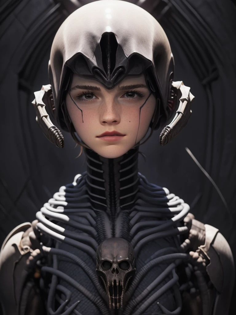 a detailed and beautiful girl trapped in an H.R. Giger style xenomorph relief, emotional female human face with Emma Watson, biomechanical, hnsrdlf style, horror (theme), polished texture relief, black background, monochrome