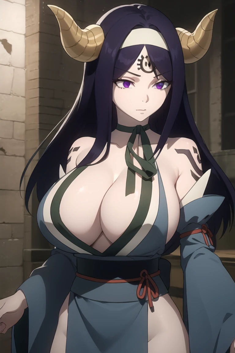 seilah, seilah, long hair, horns, purple hair, facial mark, forehead mark, (purple eyes:1.1), headband, BREAK cleavage, japanese clothes, horns, choker, wide sleeves, kimono, sash, tattoos, BREAK cowboy shot, looking at viewer, BREAK outdoors, BREAK (masterpiece:1.2), best quality, high resolution, unity 8k wallpaper, (illustration:0.8), (beautiful detailed eyes:1.6), extremely detailed face, perfect lighting, extremely detailed CG, big breasts, upper body,