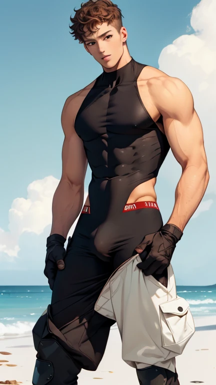 light White skin, short curly hair, male, male, masculine, light brown skin, brown, brown hair, brown eyes, tight White body suit, black boots, large thighs, muscular, feminine body, slim waist, male, large hips, full body, one person, realistic