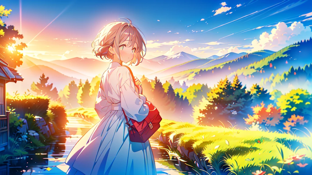1girl、(((Parent and 、Highest quality、Masterpiece、Official Art、The best dynamic composition)))、(detailed)、Anime Style、A tranquil view of the countryside、Departure、The little boy grew up and became independent、A mother sees her off at the station in tears、