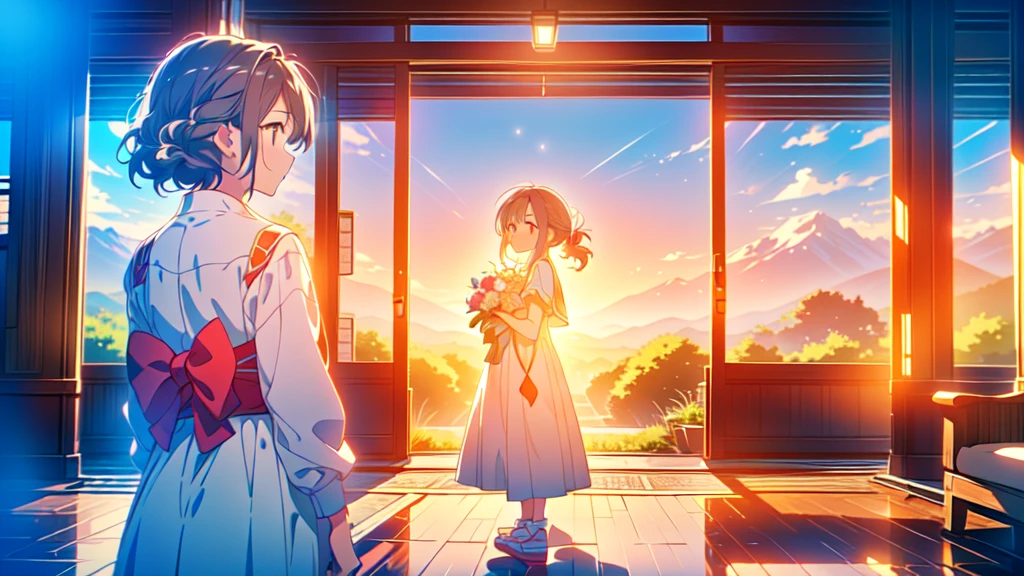 1girl、(((Parent and 、Highest quality、Masterpiece、Official Art、The best dynamic composition)))、(detailed)、Anime Style、A tranquil view of the countryside、Departure、The  and became independent、A mother sees her off at the station in tears、